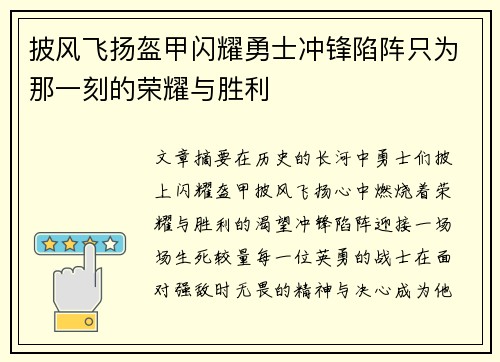 披风飞扬盔甲闪耀勇士冲锋陷阵只为那一刻的荣耀与胜利